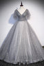 Gray V-Neck Tulle Sequins Long Evening Prom Dress, A-Line Short Sleeve Evening Dress