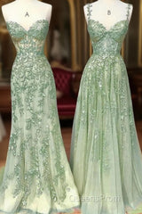Green A Line Applique Mermaid Lace Long Evening Prom Dress