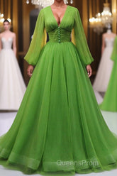 Green A Line Long Evening Prom Dress, V Neck Green Tulle Long Formal Evening Dress