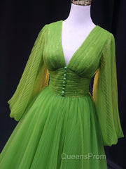 Green A Line Long Evening Prom Dress, V Neck Green Tulle Long Formal Evening Dress