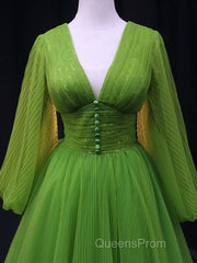 Green A Line Long Evening Prom Dress, V Neck Green Tulle Long Formal Evening Dress