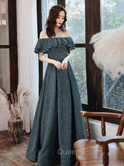 Green A Line Off Shoulder Long Evening Prom Dress, Green Bridesmaid Dress