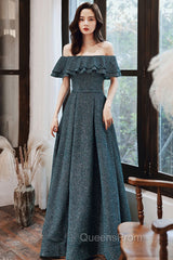 Green A Line Off Shoulder Long Evening Prom Dress, Green Bridesmaid Dress