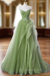 Green A-Line Long Evening Prom Dress, Green Lace Long Evening Dress