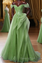 Green A-Line Off Shoulder Long Evening Prom Dress Lace Long Evening Dress
