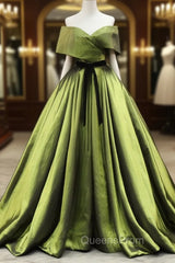 Green A line Satin Long Evening Prom Dress, Green Satin Evening Dress