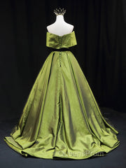 Green A line Satin Long Evening Prom Dress, Green Satin Evening Dress