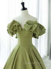 Green A-Line Satin Long Evening Prom Dress, Green Evening Dress