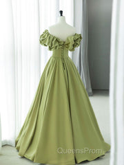 Green A-Line Satin Long Evening Prom Dress, Green Evening Dress