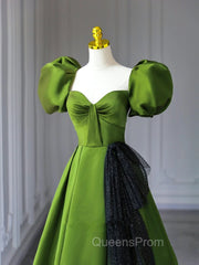 Green A-Line Satin Sweetheart Short Sleeves Party Dress, Green Long Evening Prom Dress