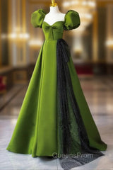Green A-Line Satin Sweetheart Short Sleeves Party Dress, Green Long Evening Prom Dress