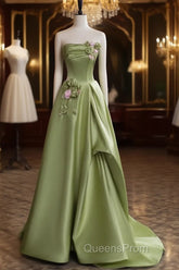 Green A-line Satin with Flowers Long Evening Dress, Green Satin Evening Prom Dress