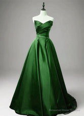 Green A-line Simple Satin Long Party Dress, Green Satin Prom Dress