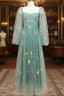 Green A-Line Sweetheart Green Tulle Lace Long Evening Prom Dress, Green Formal Dress