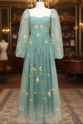 Green A-Line Sweetheart Green Tulle Lace Long Evening Prom Dress, Green Formal Dress