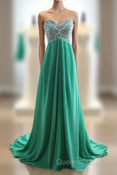 Green A-Line Sweetheart Neck Chiffon Long Evening Prom Dress, Evening Dress
