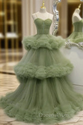 Green A-line Sweetheat Pleated Tulle Evening Prom Dress
