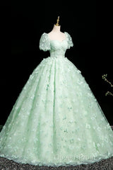 Green A-Line Tulle Beaded Sequin Long Evening Prom Dress, Beautiful 3D Butterfly Evening Dress