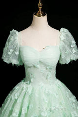 Green A-Line Tulle Beaded Sequin Long Evening Prom Dress, Beautiful 3D Butterfly Evening Dress