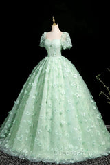 Green A-Line Tulle Beaded Sequin Long Evening Prom Dress, Beautiful 3D Butterfly Evening Dress