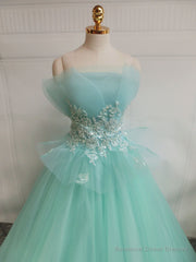 Green A-Line Tulle Lace Long Prom Dress, Green Sweet 16 Dress
