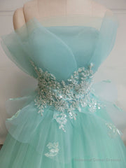 Green A-Line Tulle Lace Long Prom Dress, Green Sweet 16 Dress
