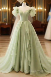Green A Line Tulle Long Evening Prom Dress V Neck Long Formal Dress