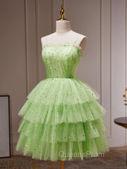 Green A-Line Tulle Short Evening Prom Dress, Green Homecoming Dress