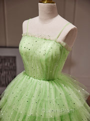 Green A-Line Tulle Short Evening Prom Dress, Green Homecoming Dress