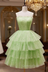 Green A-Line Tulle Short Evening Prom Dress, Green Homecoming Dress