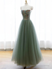 Green A-line Tulle with Lace Applique Long Formal Dress, Green Prom Dress