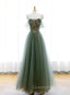 Green A-line Tulle with Lace Applique Long Evening Dress, Green Evening Prom Dress