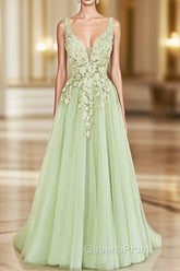 Green A-line V-neckline Tulle with Lace Long Party Dress, Green Tulle Evening Prom Dress