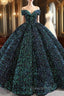 Green Ball Gown Sequins Off the Shoulder Luxury Evening Prom Dress