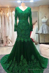 Green Beaded Lace Bride Mothers Evening Gown Long Sleeve