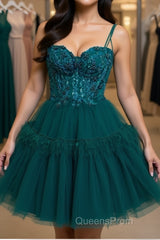 Green Beaded Lace Short Evening Prom Dress with Straps, Short Green Lace Formal Graduation Homecoming Dress with Beading