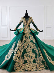 Green Bll Gown Satin Gold Appliques Long Sleeve Backless Wedding Dress