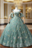 Green Floral Tulle Long Evening Prom Dress Cute Off Shoulder Evening Party Dress Beautiful