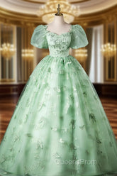 Green Flower Lace Long Evening Prom Dress with Sleeves, Green Evening Dress