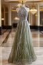 Green Halter Sequins Beading Evening Prom Dress