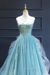 Green Lace Tulle A-Line Long Evening Dress, Green Strapless Evening Dress