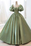 Green Sweet Elegant A-Line Long Satin Short Sleeves Classy Prom Dress Classy Evening Dress Birthday Dress Graduation Dress