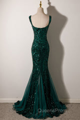 Green Mermaid Long Straps Sequins Long Evening Prom Dress, Green Mermaid Evening Dress