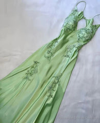 Green Mermaid V Neck Satin Backless Evening Dress Prom Dress With Beads