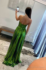 Green Metallic Strapless Pleated A-Line Long Prom Dresses