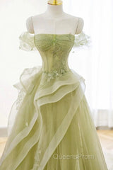 Green Off Shoulder Lace Long Evening Prom Dress, Green Formal Dress