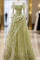 Green Off Shoulder Lace Long Evening Prom Dress, Green Formal Dress