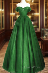 Green Off Shoulder Tulle A-Line Long Party Dress, Green A-Line Evening Prom Dress
