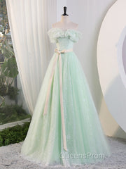 Green Off Shoulder Tulle Green Long Evening Prom Dress, Green Lace Long Sweet 16 Dress