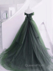Green Off Shoulder Tulle Sweetheart Long Party Dress, Green Tulle Evening Dress Evening Prom Dress